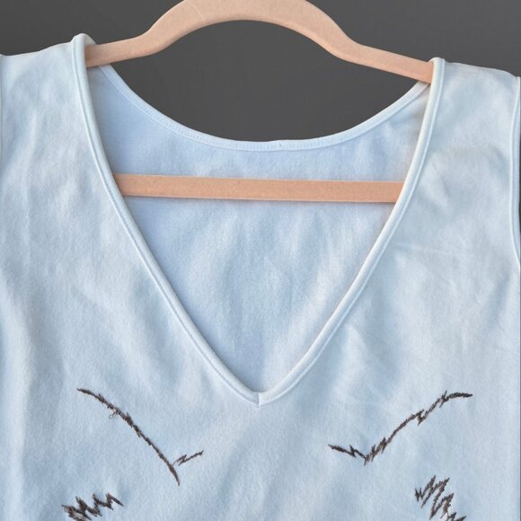Vintage 80s Cat Face Tank Top size M Embroidered Rhinestone White V Neck - Picture 6 of 7